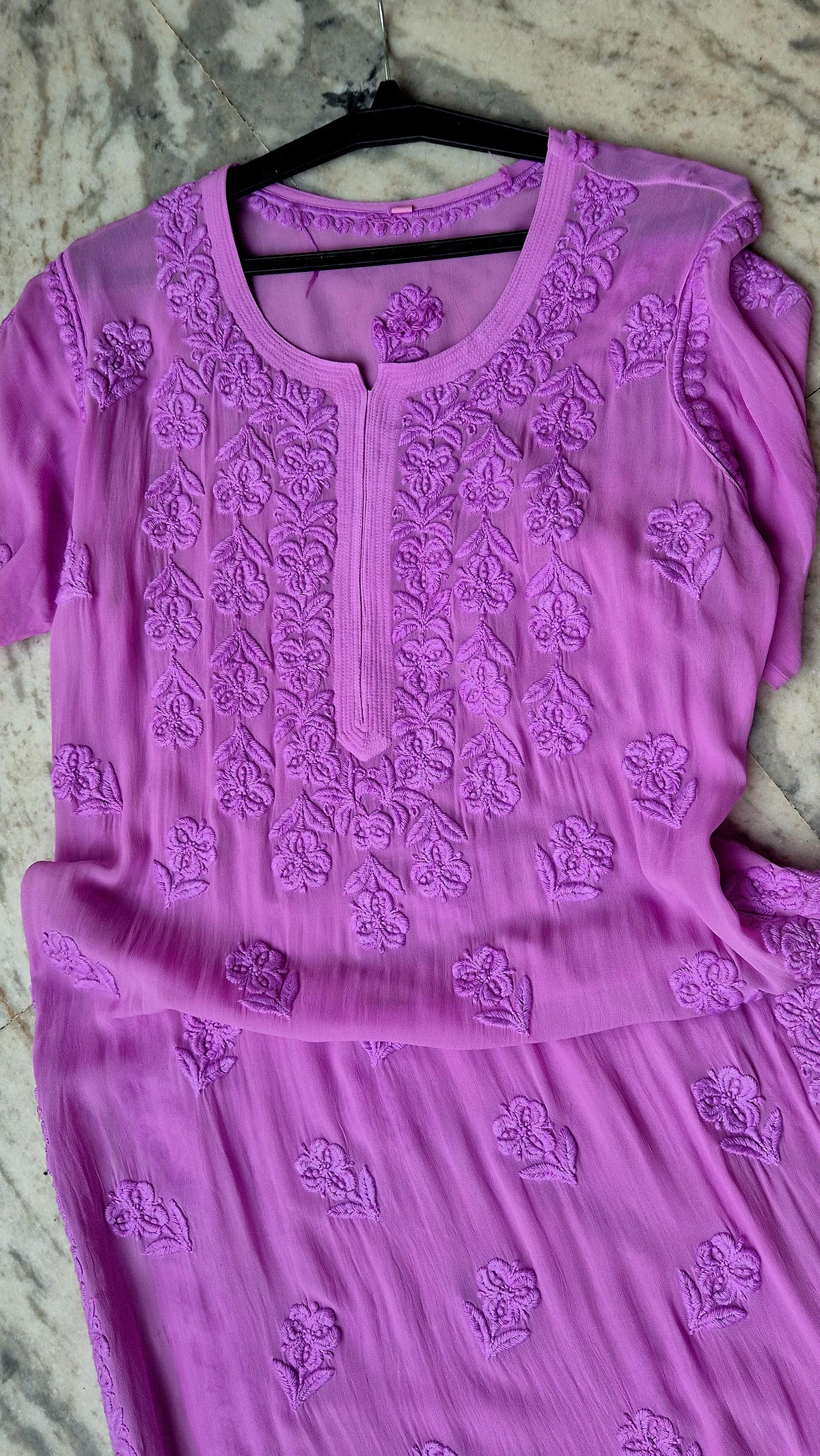 Purple Sofia Pulm premium Georgette Chikankari long Kurti by LVW Fashions, handmade Lucknow Chikankari with intricate embroidery.