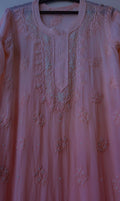 Soft peach Noori Pearls LVW Fashions handmade Chikankari kurta with premium georgette, cutdana embroidery, and Lucknow craftsmanship.