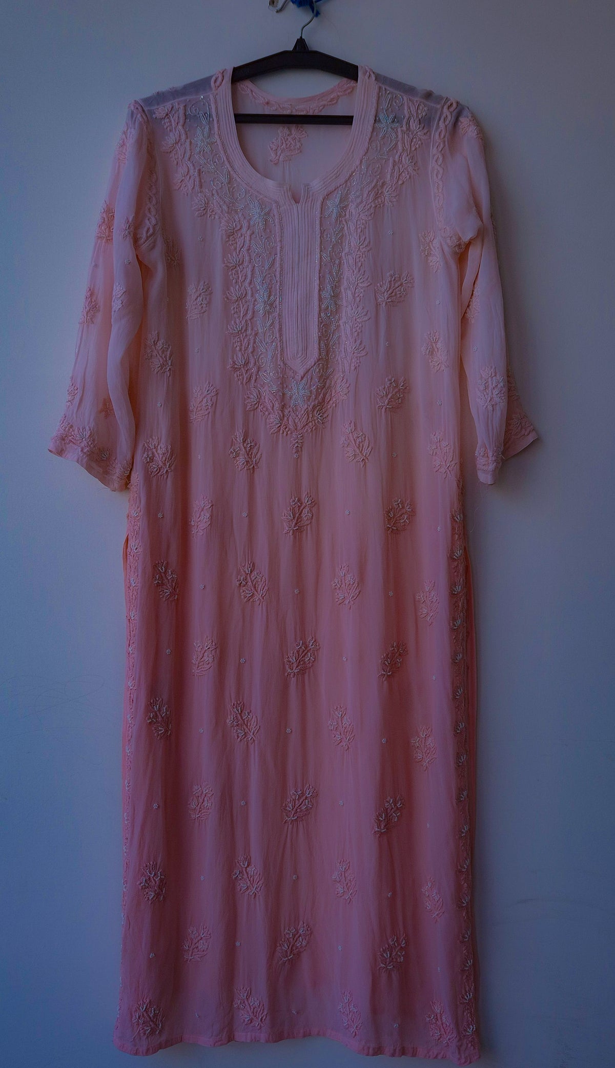 Soft peach Noori pearls LVW Fashions handmade Lucknow Chikankari kurta with premium georgette, intricate embroidery, and cutdana details.