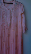 Soft peach Noori Pearls LVW Fashions handmade Chikankari kurta with premium georgette, intricate cutdana embroidery, Lucknow style.