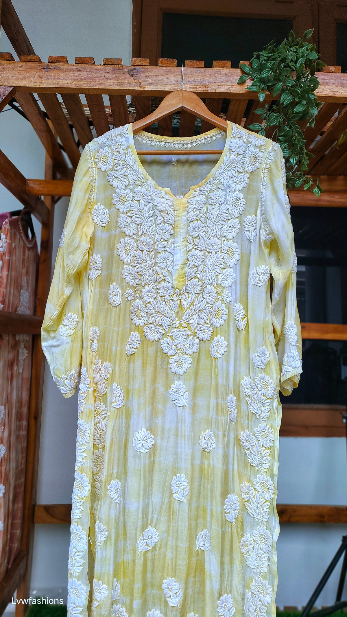 Soft yellow premium silk Chikankari Kurta by LVW Fashions, handmade Lucknow Tye dye luxurious embroidered kurta.