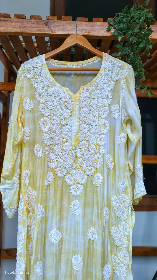 Soft yellow premium silk Chikankari kurta by LVW Fashions, handmade with luxurious Lucknow embroidery and Tye dye details.