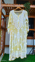 Soft yellow premium silk Chikankari Kurta by LVW Fashions, handmade Lucknow Tye dye luxurious embroidered Kurta for women