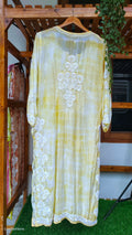 Soft yellow premium silk Chikankari kurta by LVW Fashions, handmade with luxurious Lucknow embroidery and Tye dye details.