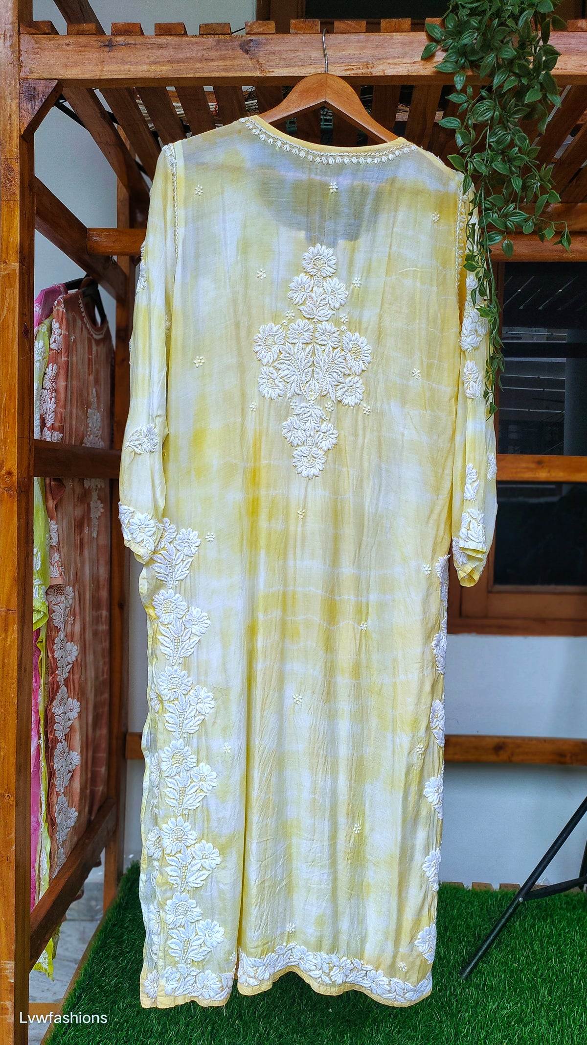 Soft yellow premium silk Chikankari kurta by LVW Fashions, handmade with luxurious Lucknow embroidery and Tye dye details.