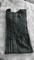 Handmade black silk long kurta with intricate sunflower chikankari embroidery, by LVW Fashions, showcasing luxurious Lucknow craftsmanship.