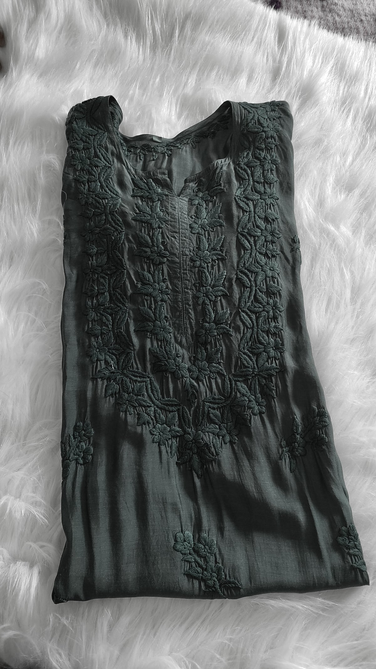 Handmade black silk long kurta with intricate sunflower chikankari embroidery, by LVW Fashions, showcasing luxurious Lucknow craftsmanship.