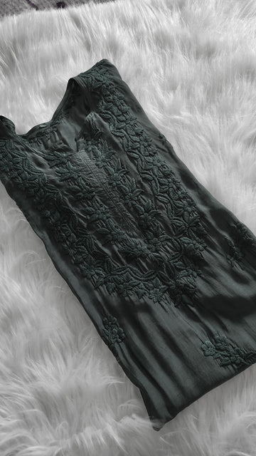 Sunflower Jet Black Silk Chikankari Long Kurta by LVW Fashions, handcrafted Lucknow embroidery, luxurious and elegant long kurta.
