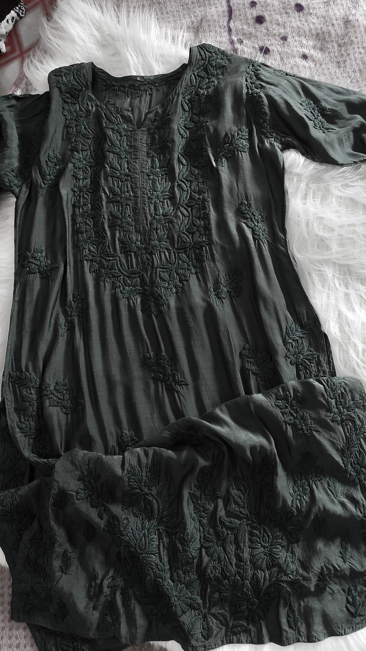 Sunflower Jet Black silk long kurta with intricate handmade Chikankari embroidery from LVW Fashions, luxurious and traditional.