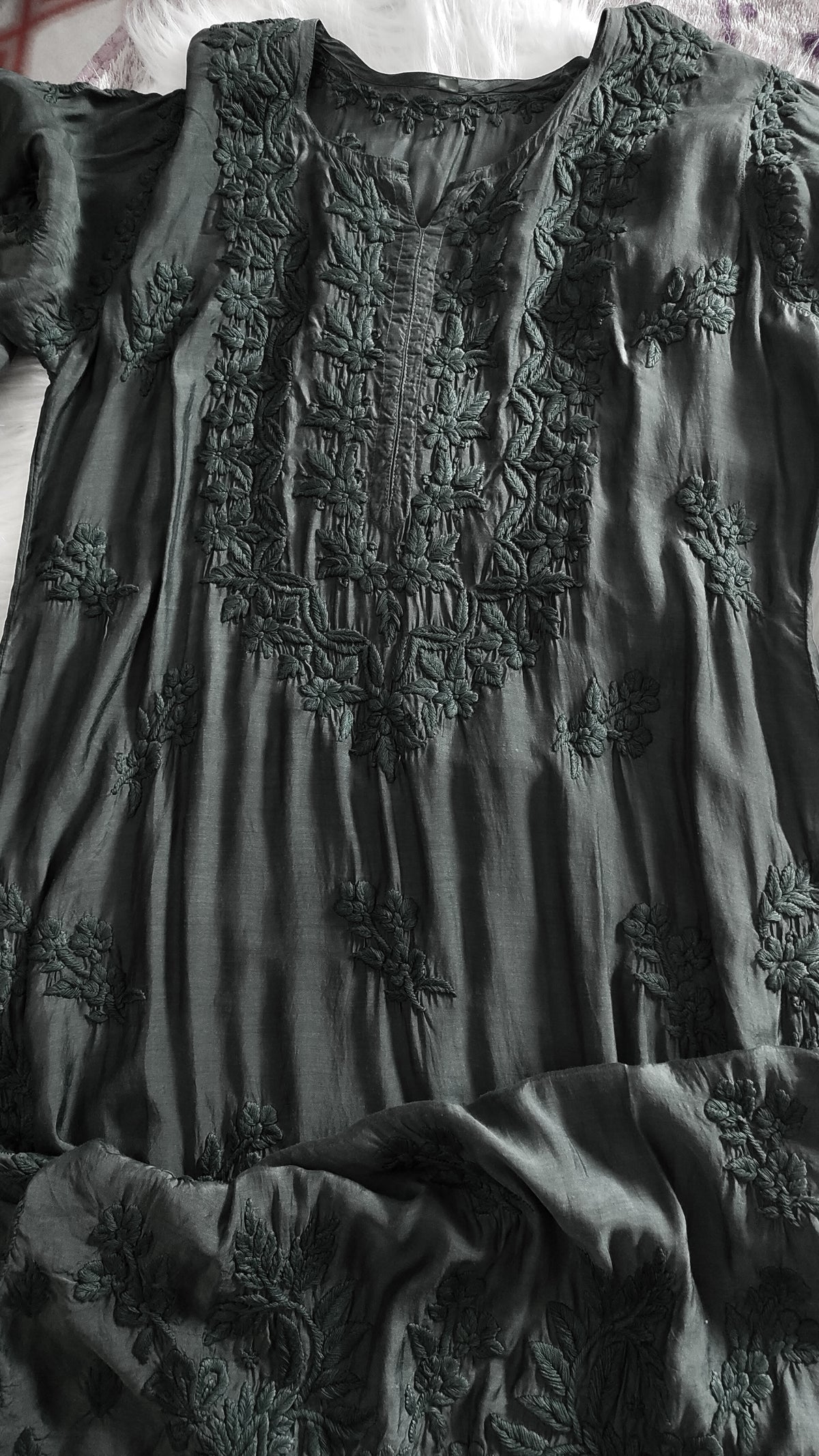 Black silk long kurta with intricate sunflower chikankari embroidery from LVW Fashions, handmade in Lucknow.