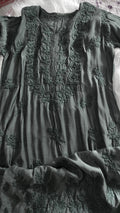 Black silk long kurta with intricate sunflower chikankari embroidery, handcrafted by LVW Fashions in Lucknow.