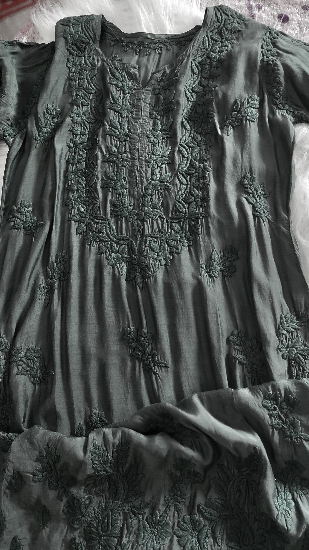 Black silk long kurta with intricate sunflower chikankari embroidery, handcrafted by LVW Fashions in Lucknow.