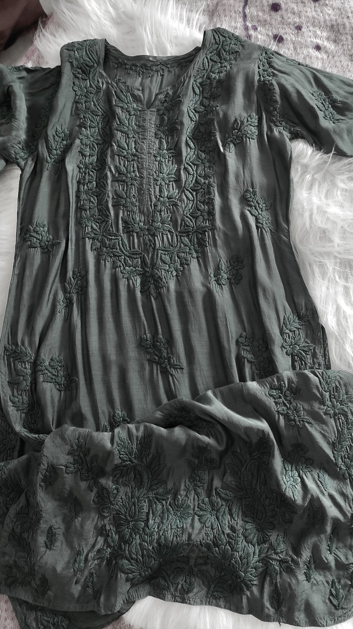 Sunflower Jet Black Silk Chikankari Long Kurta by LVW Fashions, handmade Lucknow Chikankari, luxurious and elegant traditional kurta.