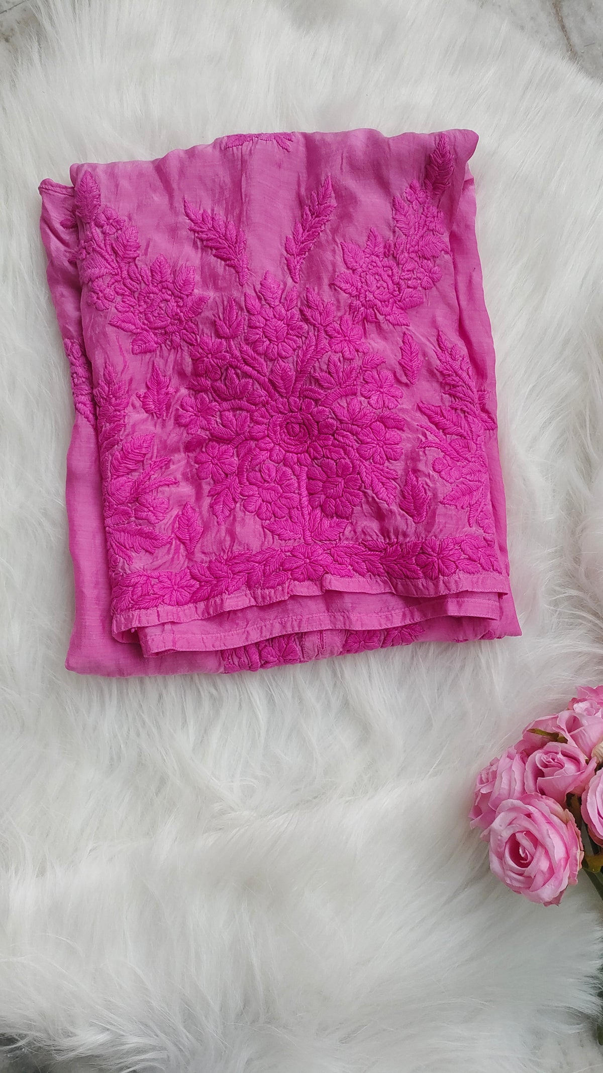 Handcrafted sunflower silk long kurta by LVW Fashions featuring intricate Lucknow chikankari embroidery.