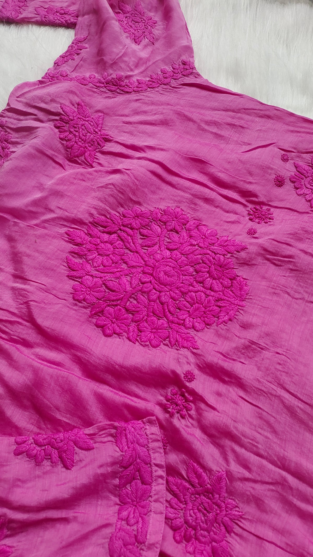Handcrafted sunflower silk chikankari long kurta by LVW Fashions featuring intricate Lucknow-style embroidery.