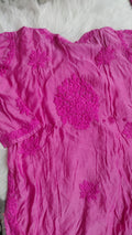 Handcrafted sunflower print silk long kurta by LVW Fashions featuring traditional Lucknow chikankari embroidery.