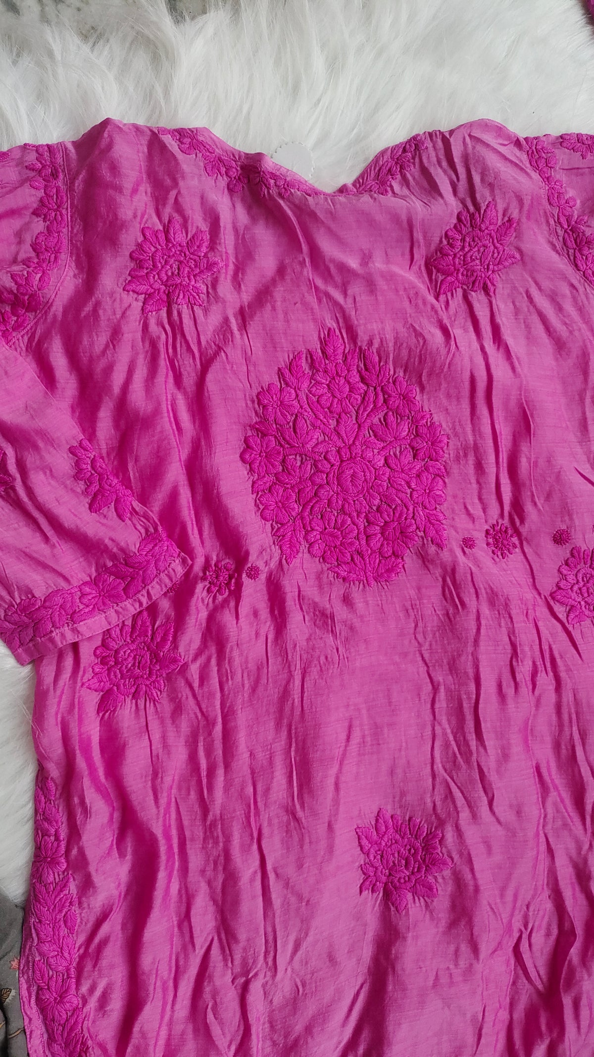 Handcrafted sunflower print silk long kurta by LVW Fashions featuring traditional Lucknow chikankari embroidery.