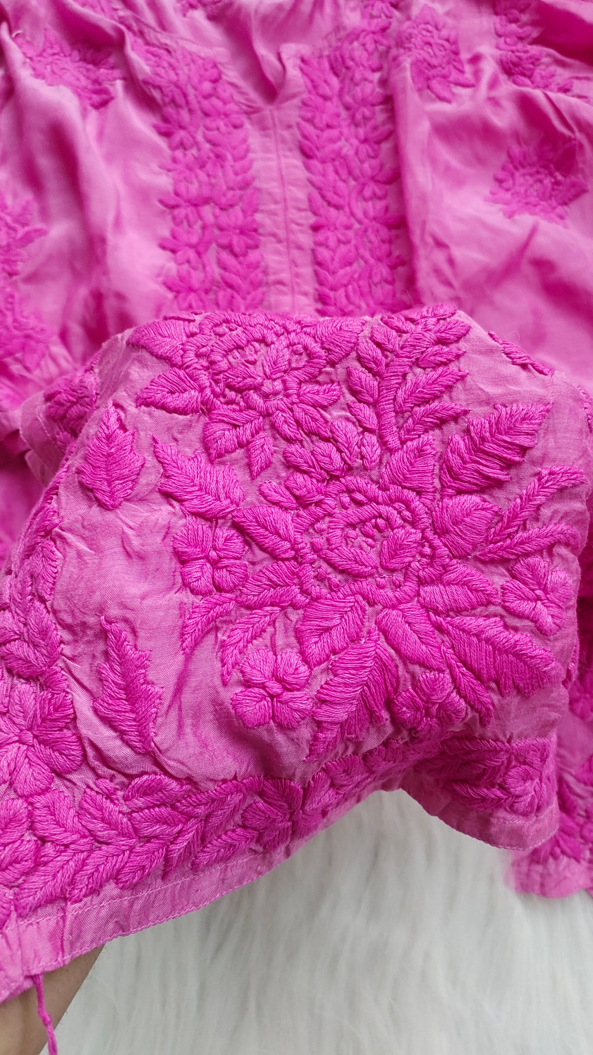 Handcrafted linen sunflower silk kurta with intricate Lucknow chikankari embroidery by LVW Fashions.