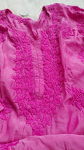 Handcrafted sunflower print silk chikankari long kurta by LVW Fashions, featuring intricate Lucknow-style embroidery.
