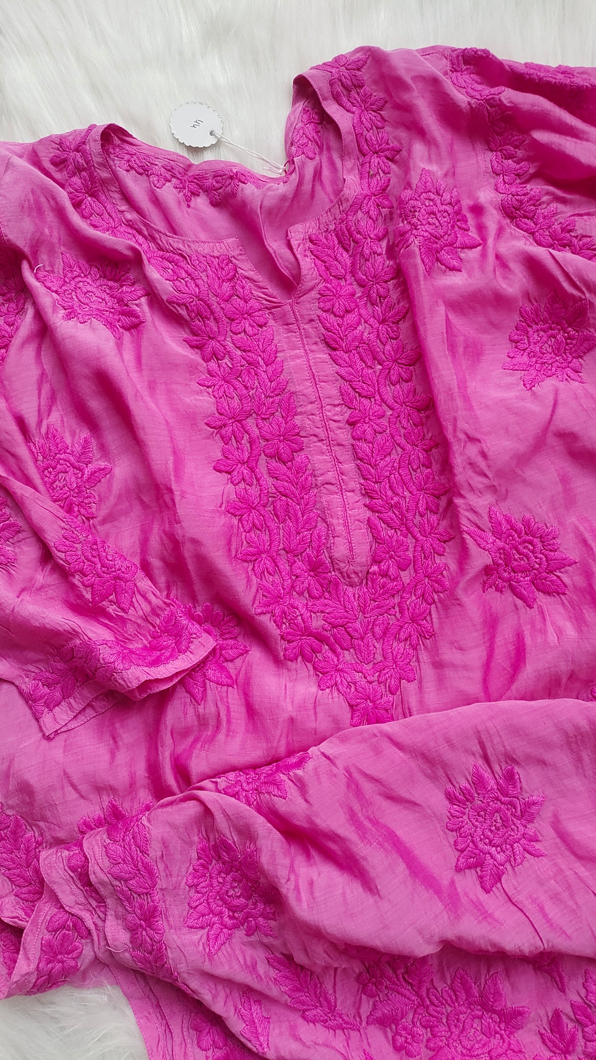 Sunflower premium silk long chikankari kurta by LVW Fashions, handcrafted in Lucknow with intricate embroidery.