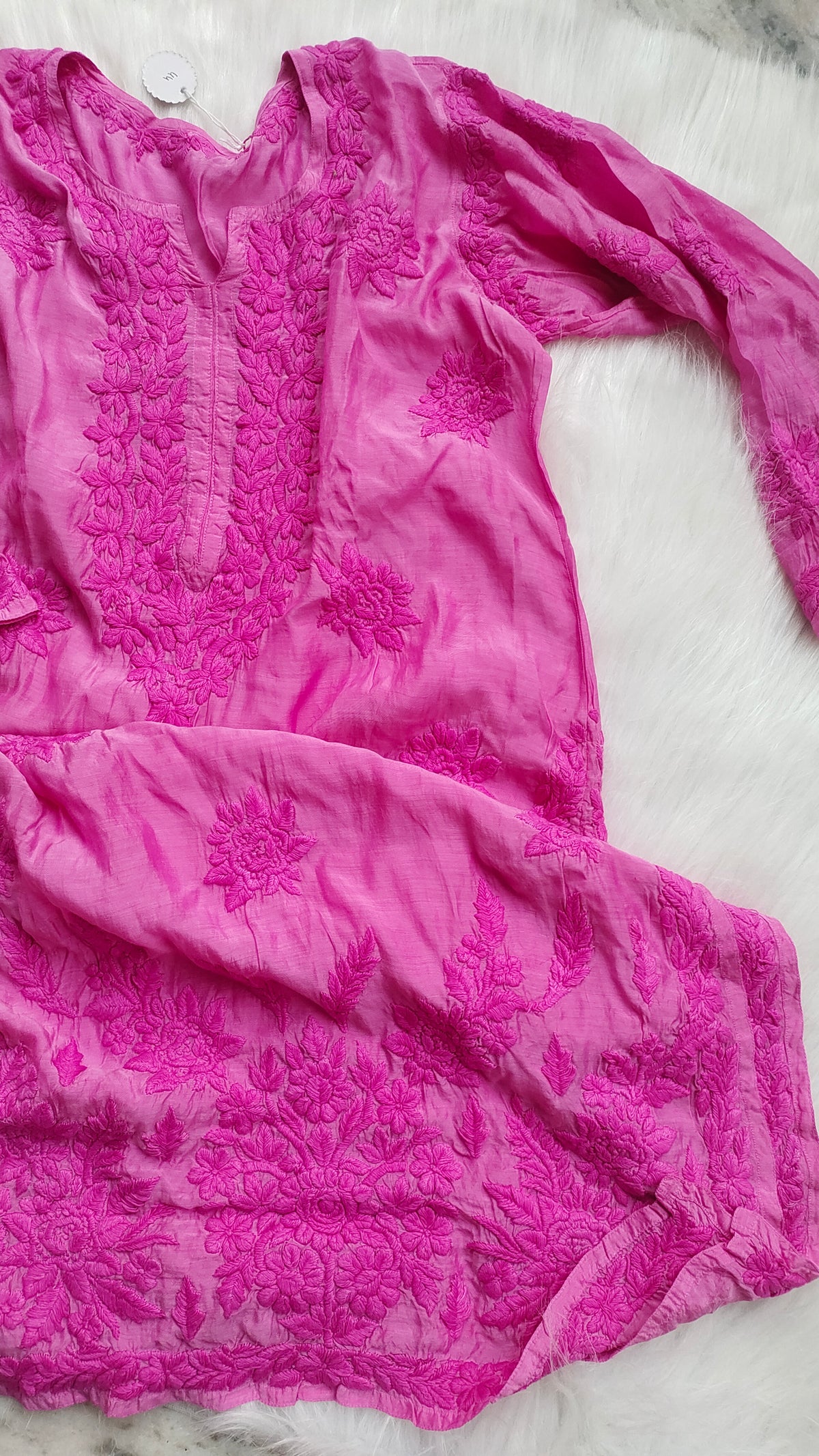 Handcrafted sunflower yellow silk Chikankari long kurta by LVW Fashions, featuring intricate Lucknow-style embroidery.