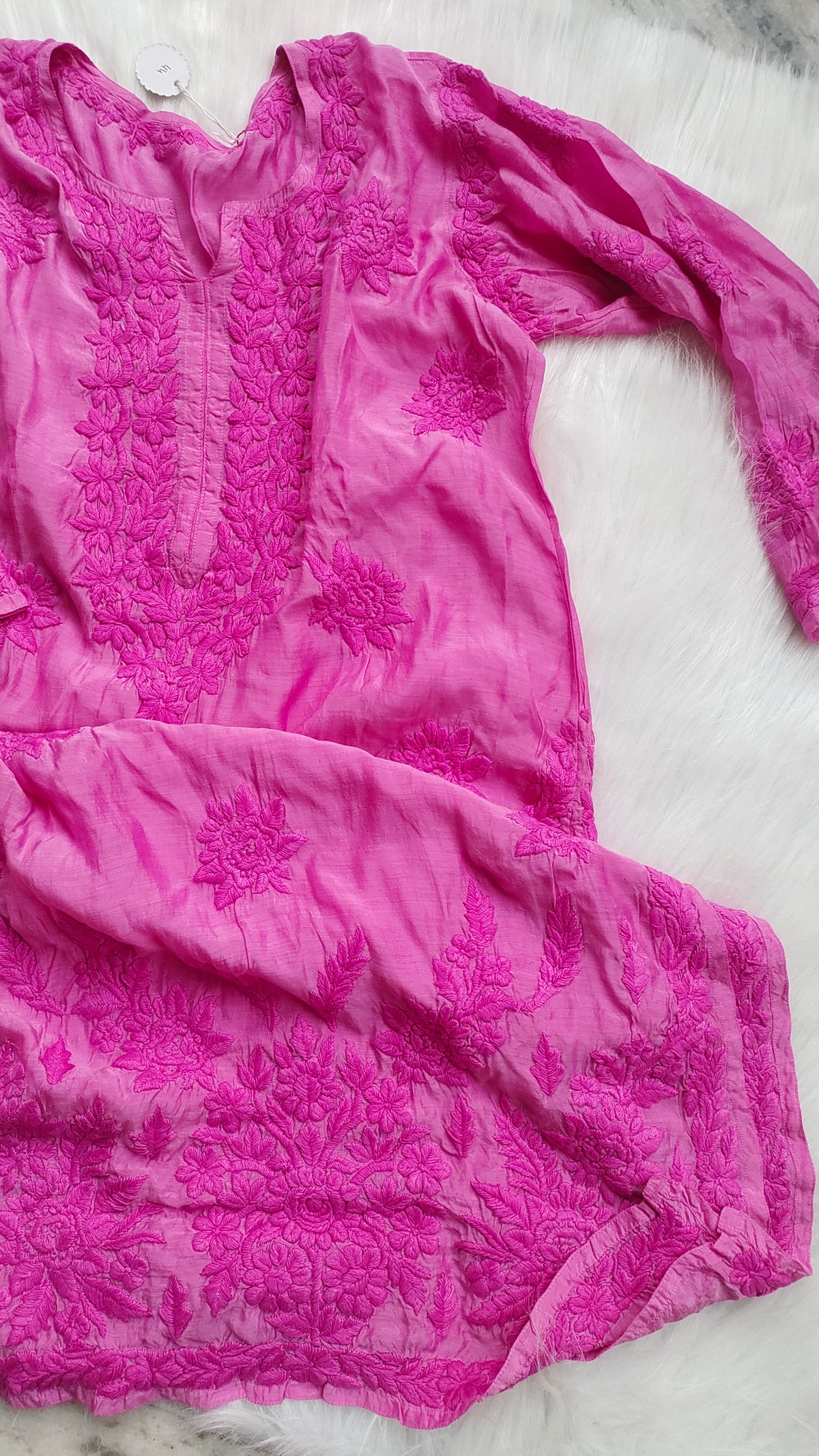 Handcrafted sunflower yellow silk chikankari long kurta by LVW Fashions with intricate Lucknow-style embroidery.