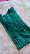 Luxury green silk long kurta with intricate Sunflower Shine Chikankari embroidery by LVW Fashions, handmade in Lucknow.