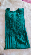 Green silk long kurta with intricate sunflower shine chikankari embroidery by LVW Fashions, handcrafted in Lucknow.