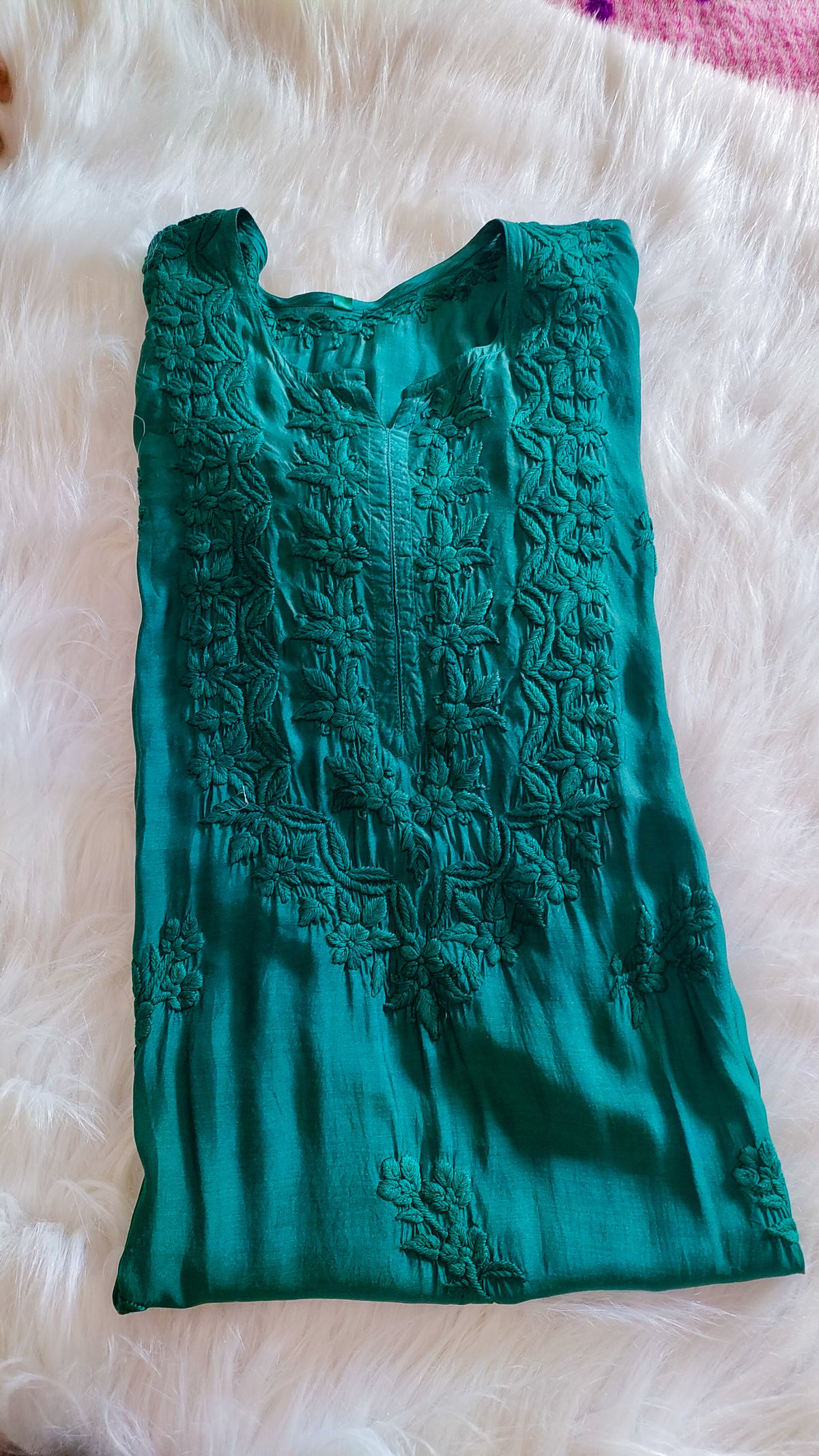 Green silk long kurta with intricate sunflower shine chikankari embroidery by LVW Fashions, handcrafted in Lucknow.