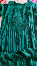 Luxurious green silk long kurta with intricate white chikankari embroidery, handmade by LVW Fashions in Lucknow.