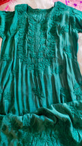Green premium silk long kurta with intricate sunflower shine chikankari embroidery, handcrafted by LVW Fashions.