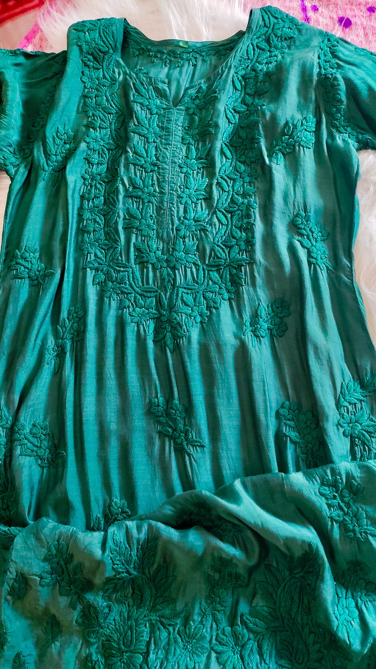 Green premium silk long kurta with intricate sunflower shine chikankari embroidery, handcrafted by LVW Fashions.