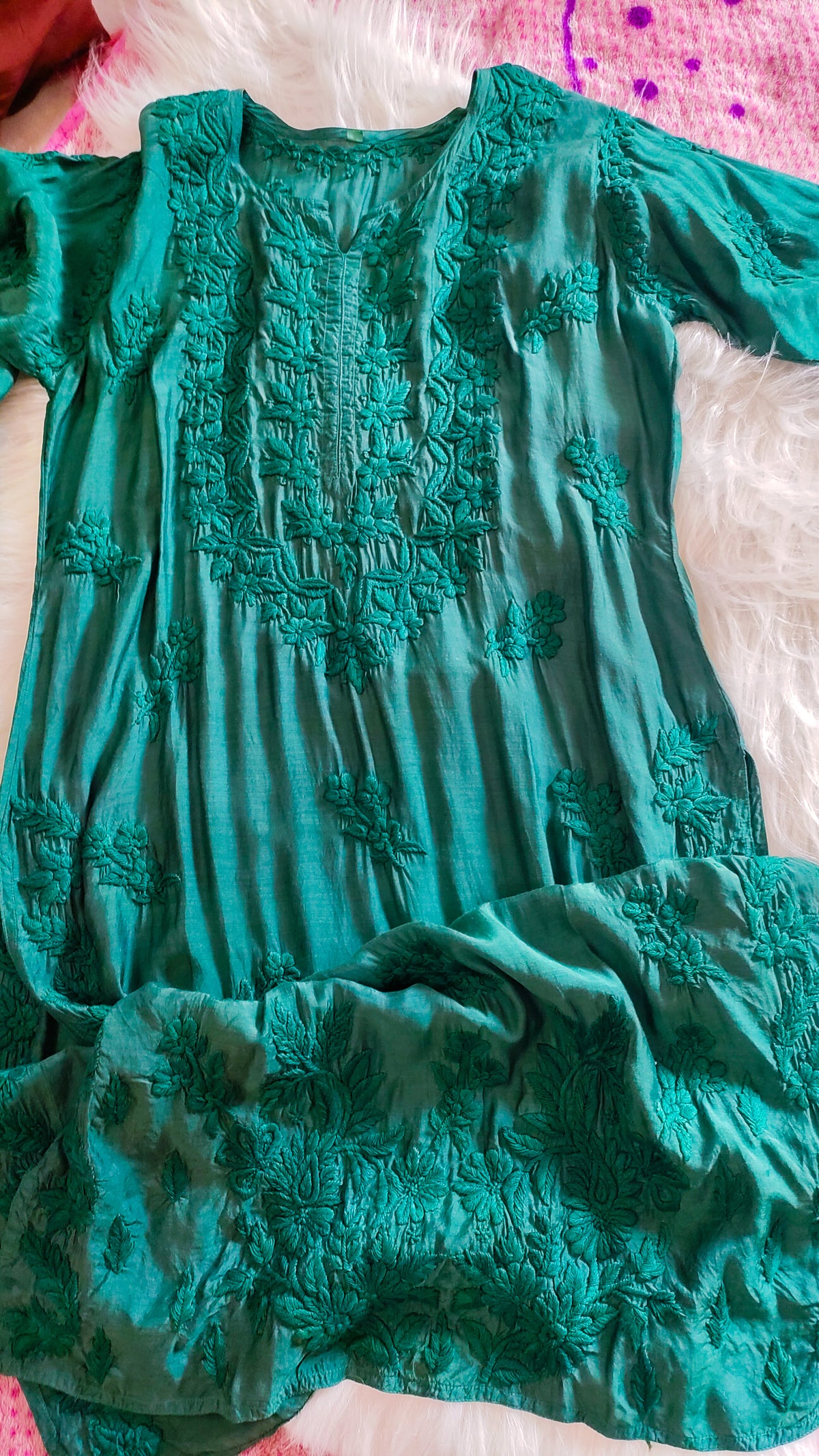 Green silk long kurta with intricate sunflower shine chikankari embroidery from LVW Fashions, handmade luxurious Lucknow Chikankari.