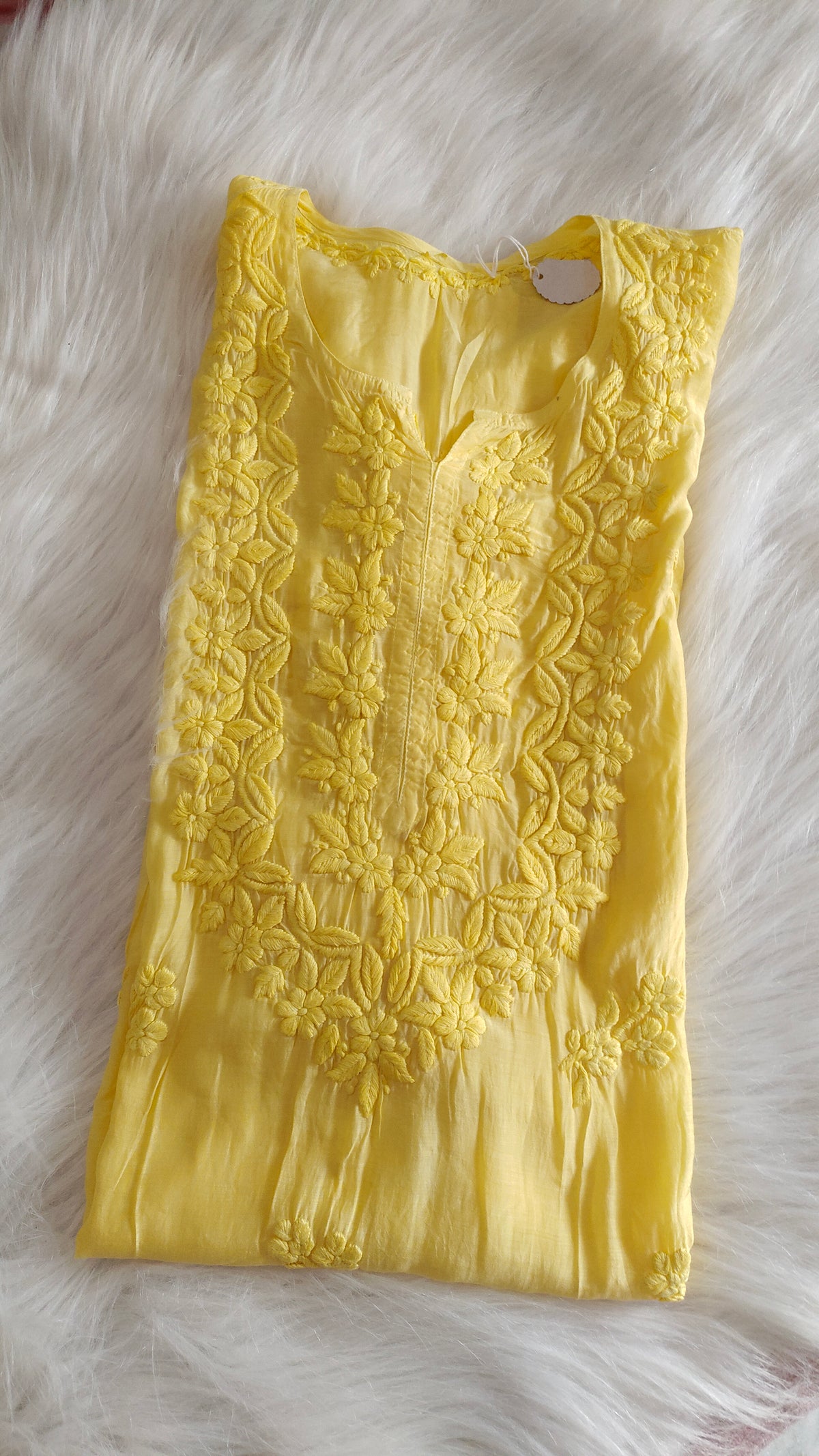 Yellow premium silk Chikankari long kurta with sunflower shine design by LVW Fashions, handcrafted in Lucknow.