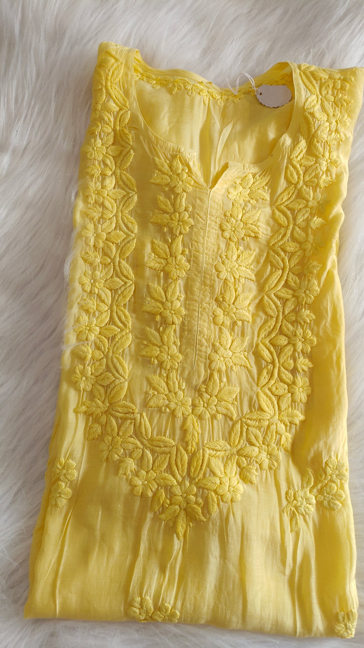 Sunflower Shine yellow silk long kurta with intricate handmade chikankari embroidery, luxurious and traditional from LVW Fashions.