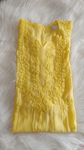Yellow silk Kurta with intricate Lucknow chikankari embroidery, long style, luxurious handmade design by LVW Fashions.