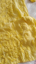 Yellow silk long kurta with intricate sunflower shine chikankari embroidery, handcrafted by LVW Fashions in Lucknow.