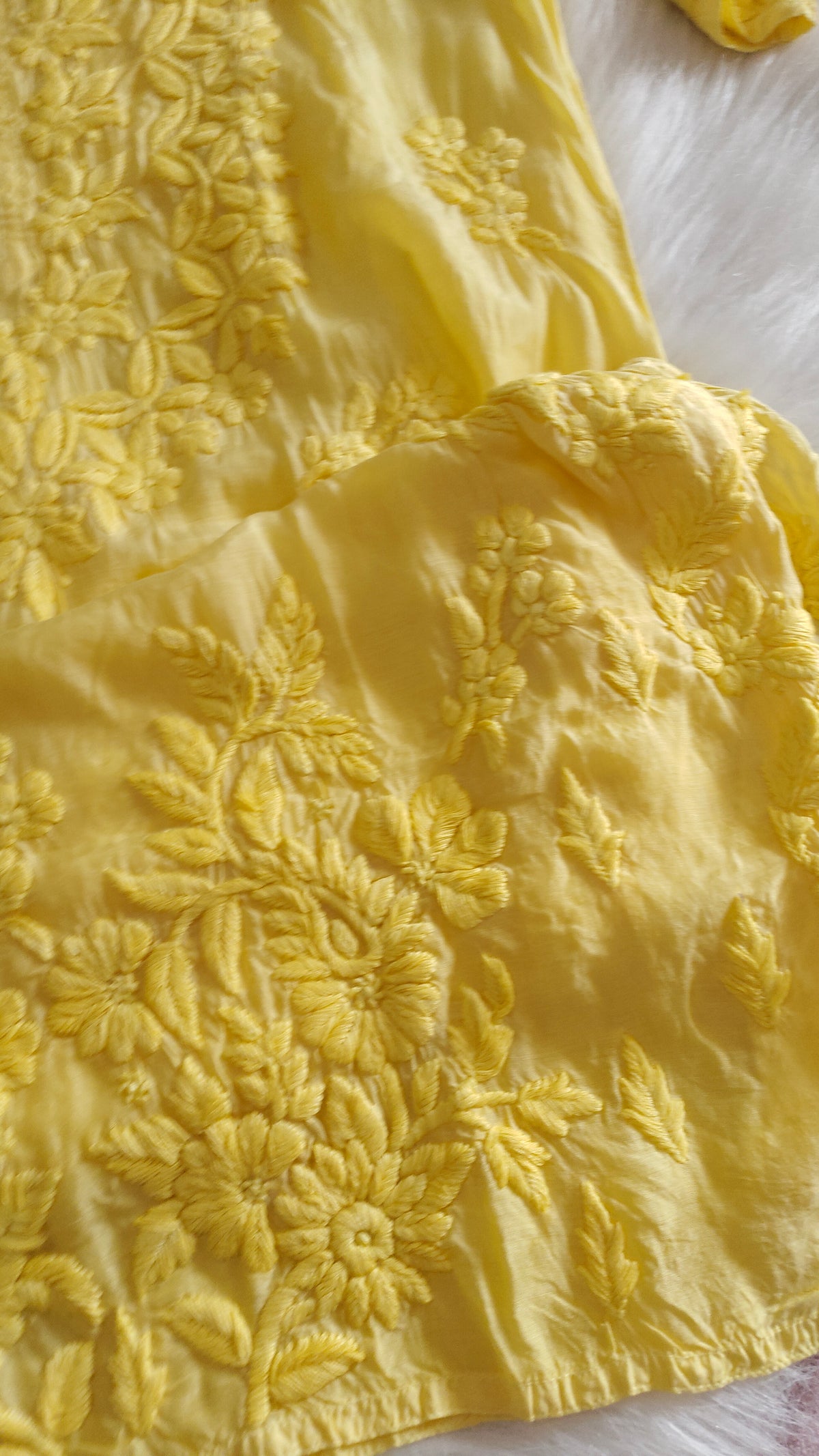 Yellow silk long kurta with intricate sunflower shine chikankari embroidery, handcrafted by LVW Fashions in Lucknow.