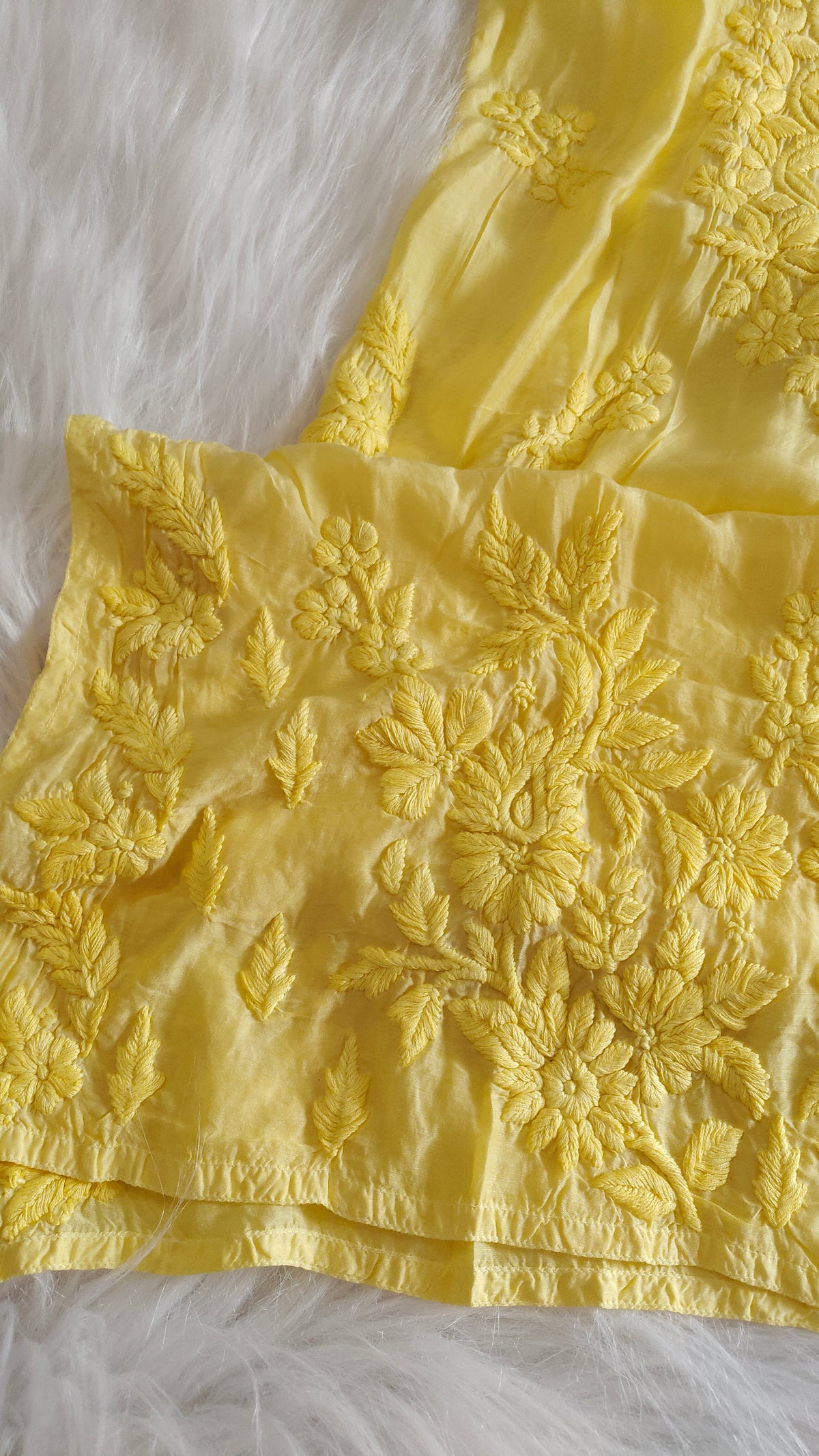 Yellow silk chikankari long kurta with sunflower shine design, handmade by LVW Fashions, featuring luxurious Lucknow embroidery.