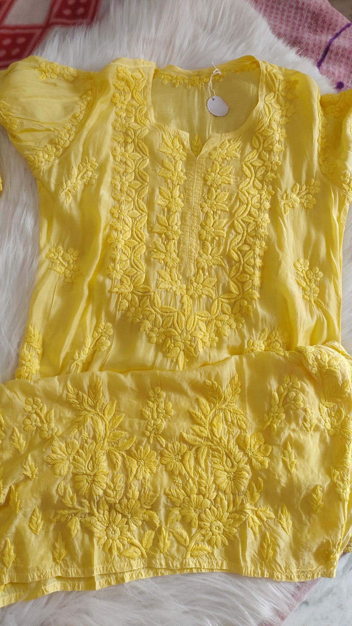 Yellow silk Kurta with intricate Sunflower Shine Chikankari embroidery, crafted by LVW Fashions, luxurious long Lucknow Chikankari style.