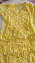 Yellow premium silk long kurta with intricate Lucknow chikankari embroidery, handmade by LVW Fashions.