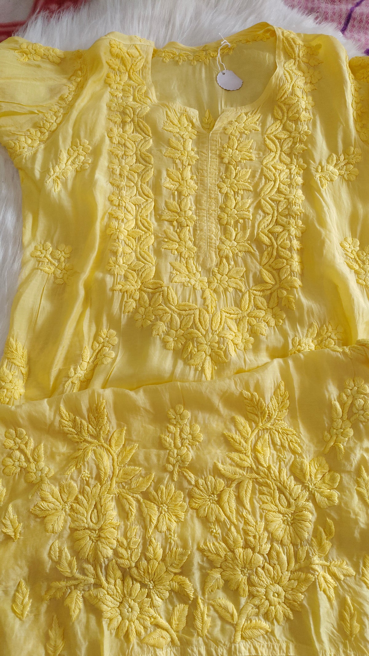 Yellow premium silk long kurta with intricate Lucknow chikankari embroidery, handmade by LVW Fashions.