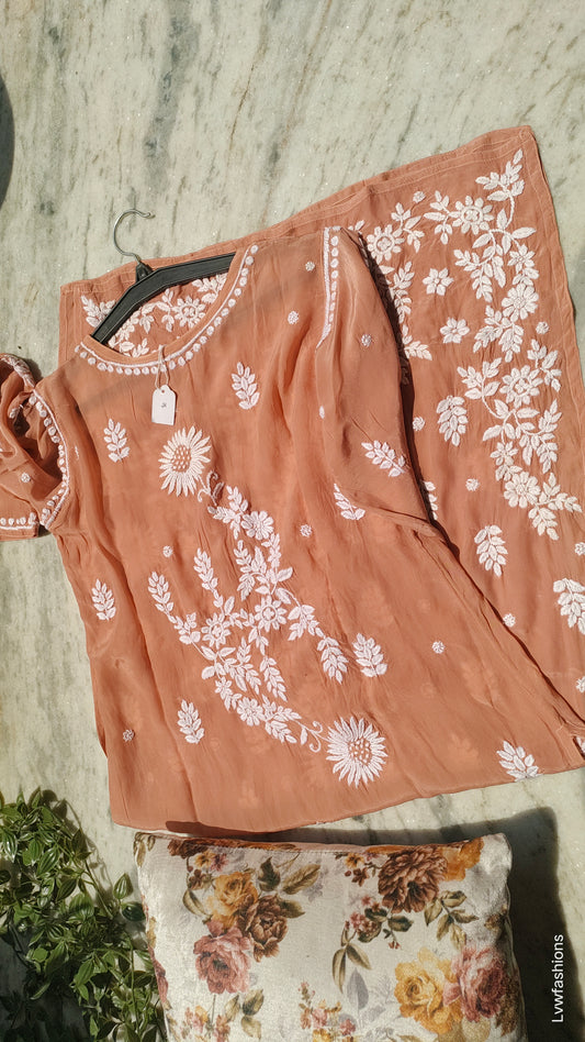 Sunflower silk chikankari kurta by LVW Fashions featuring intricate handmade Lucknow chikankari embroidery.