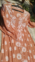 Luxurious sunflower silk Chikankari kurta by LVW Fashions, handmade Lucknow Chikankari with intricate embroidery.
