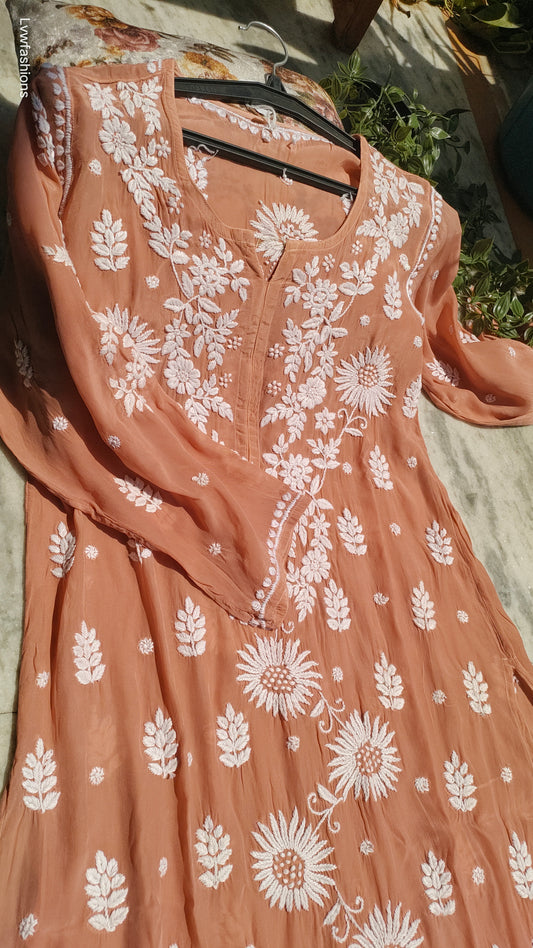 Luxurious sunflower silk Chikankari kurta by LVW Fashions, handmade Lucknow Chikankari with intricate embroidery.