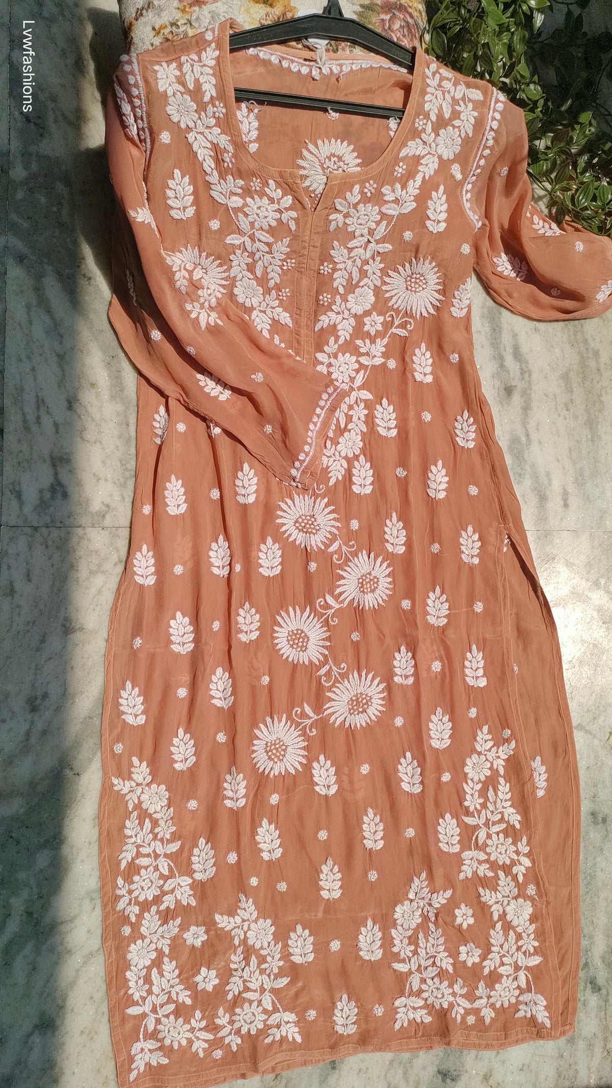 Luxurious sunflower silk chikankari kurta by LVW Fashions featuring intricate handmade Lucknow chikankari embroidery.
