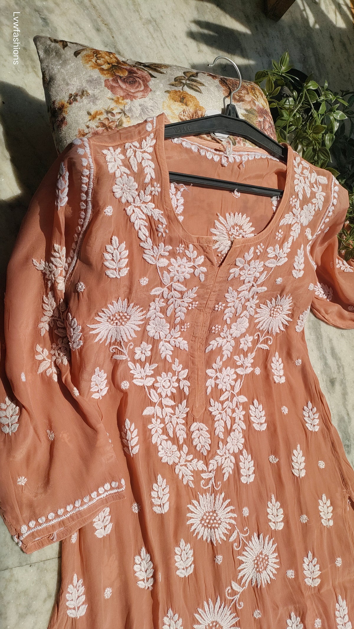 Handmade sunflower silk Chikankari kurta by LVW Fashions, featuring intricate Lucknow embroidery for a luxurious look.