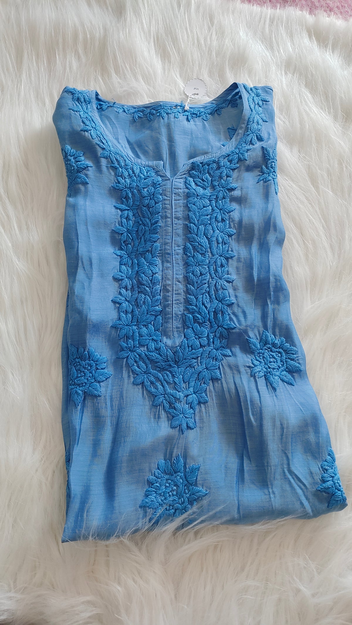 Sunflower soft blue premium silk Chikankari long kurta by LVW Fashions, handmade Lucknow Chikankari with intricate embroidery.