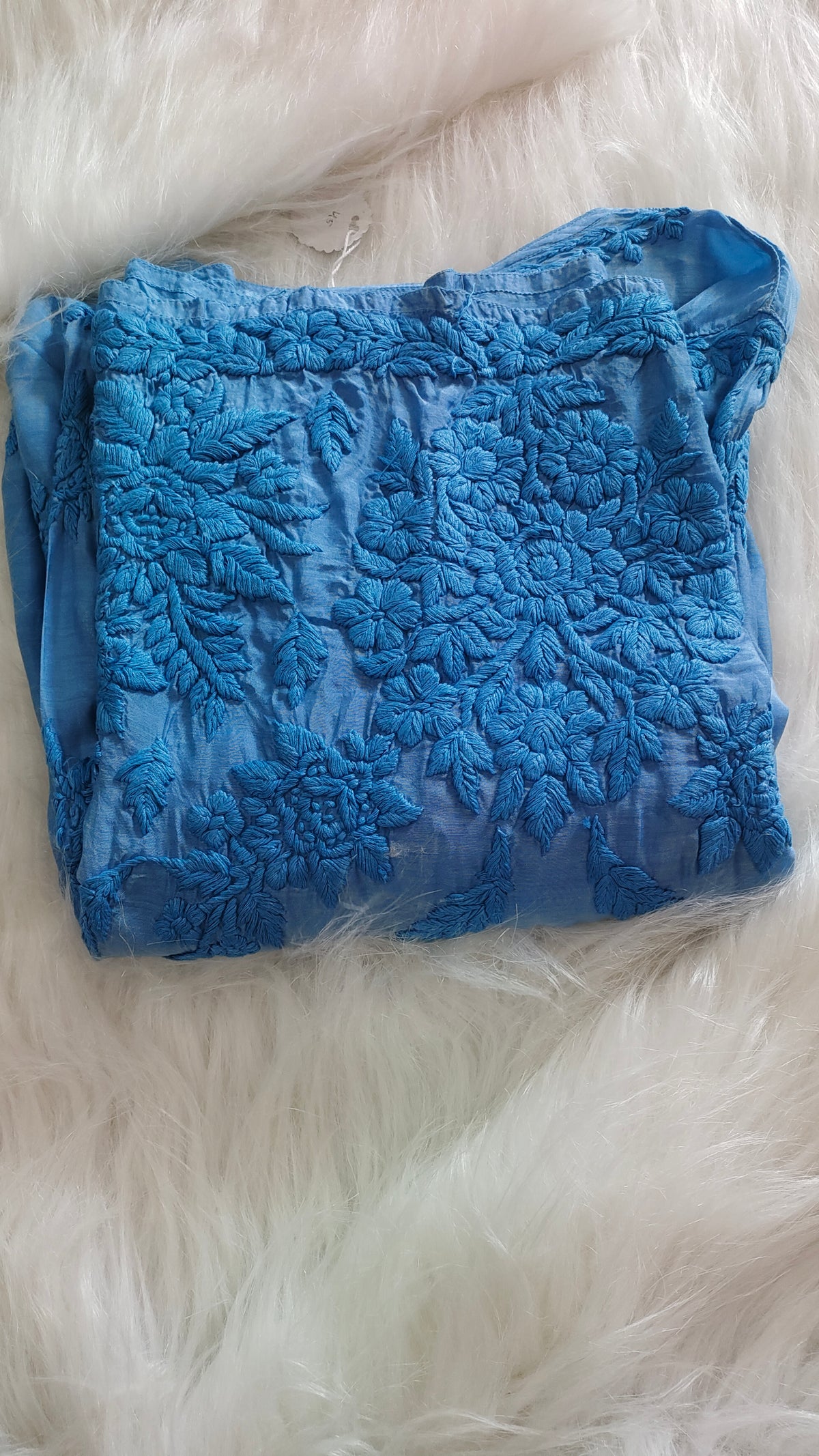 Blue silk Kurta with intricate sunflower Chikankari embroidery, long length, handmade by LVW Fashions, traditional Lucknow craftsmanship.