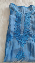 Sunflower soft blue silk long kurta with intricate Chikankari embroidery by LVW Fashions, handmade in Lucknow.